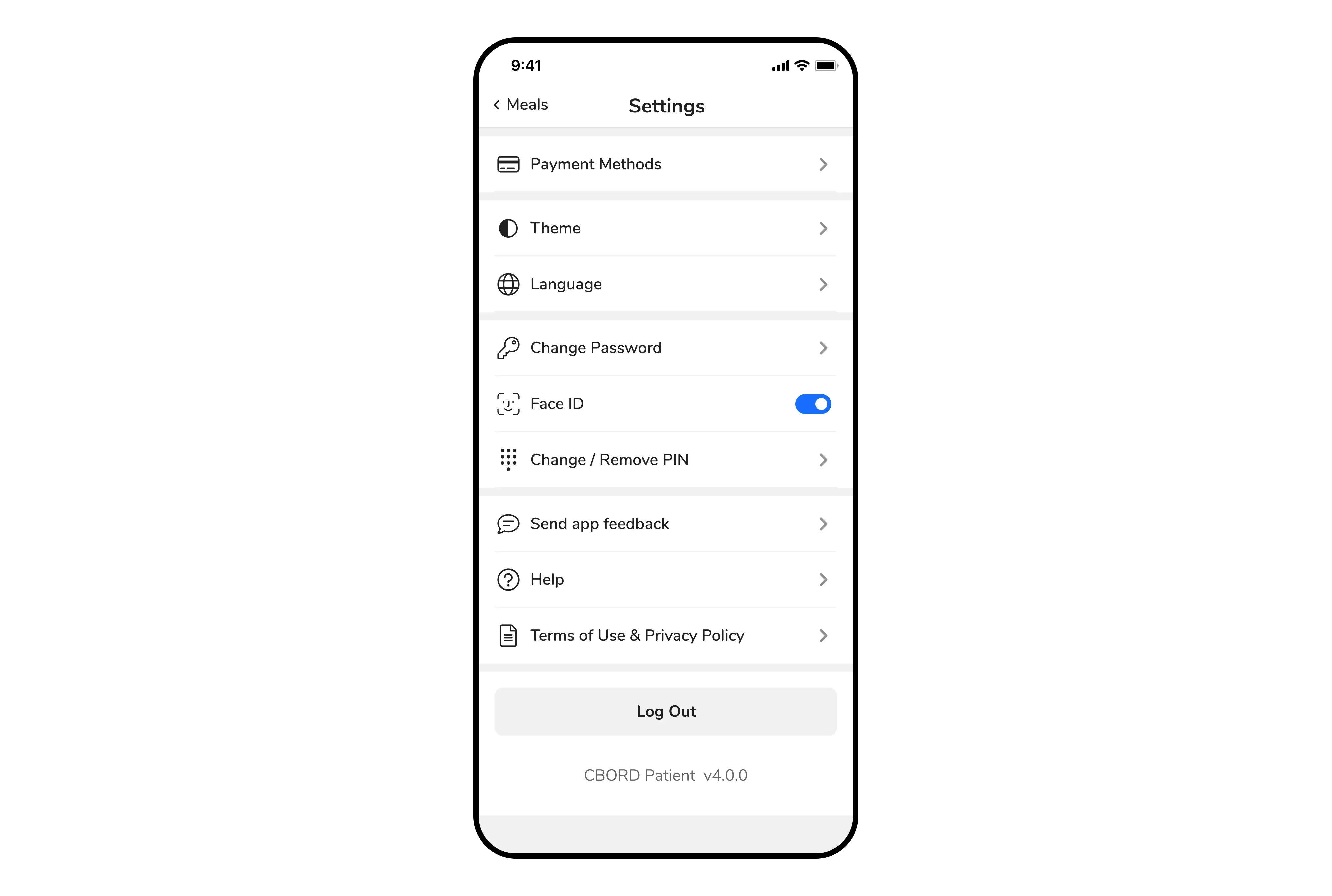 Design for the Settings page in the CBORD patient app